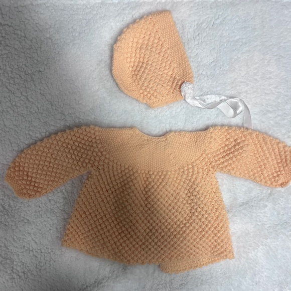 Handknit Peach Baby Cardigan with Bonnet - Picture 3 of 3